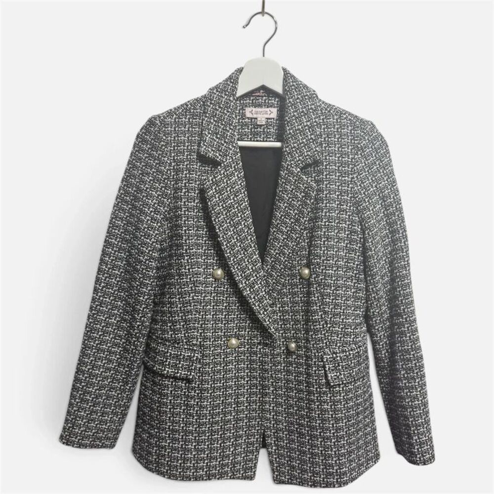 Nanette Lepore Size 4 Black & White Tweed Double-Breasted Blazer Womens